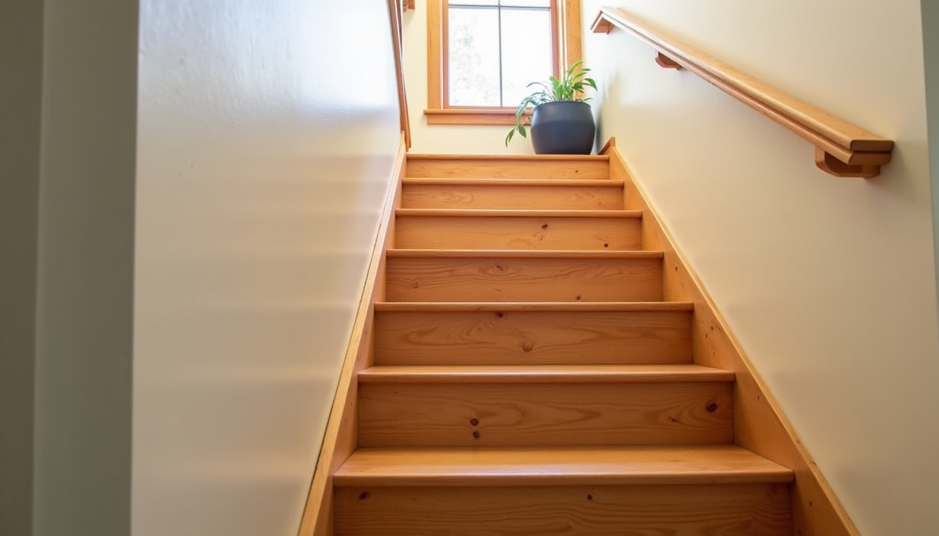 Photographie d’un escalier intérieur à Pinon avant l’installation d’un monte-escalier, montrant une configuration droite avec des marches en bois