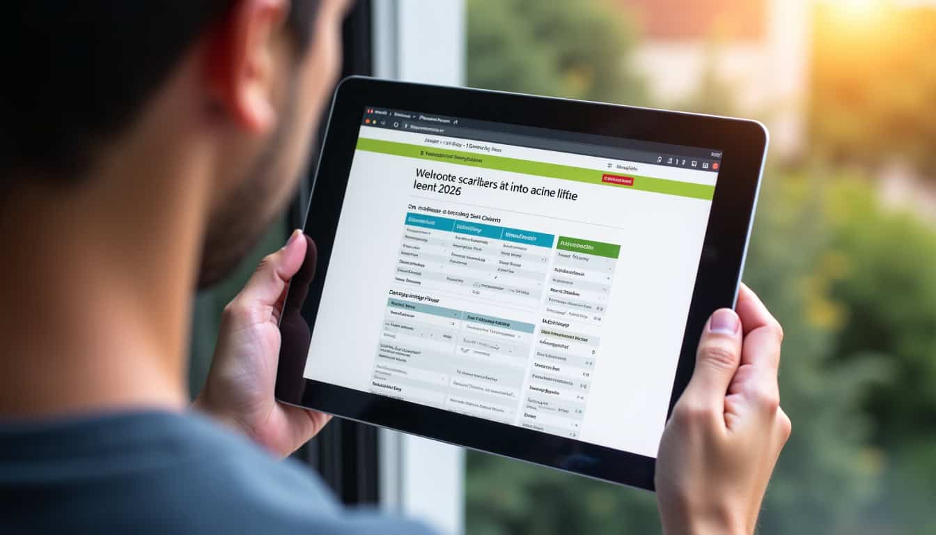 Tableau comparatif affiché sur une tablette: monte-escaliers droits, tournants et extérieurs avec leurs caractéristiques et prix