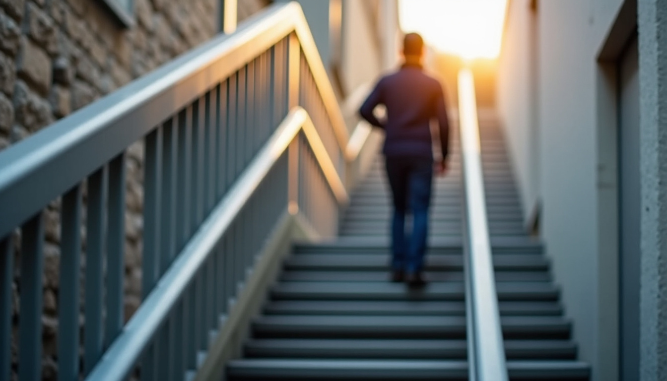 Technicien effectuant l’entretien d’un monte-escalier à Neuvéglise-sur-Truyère