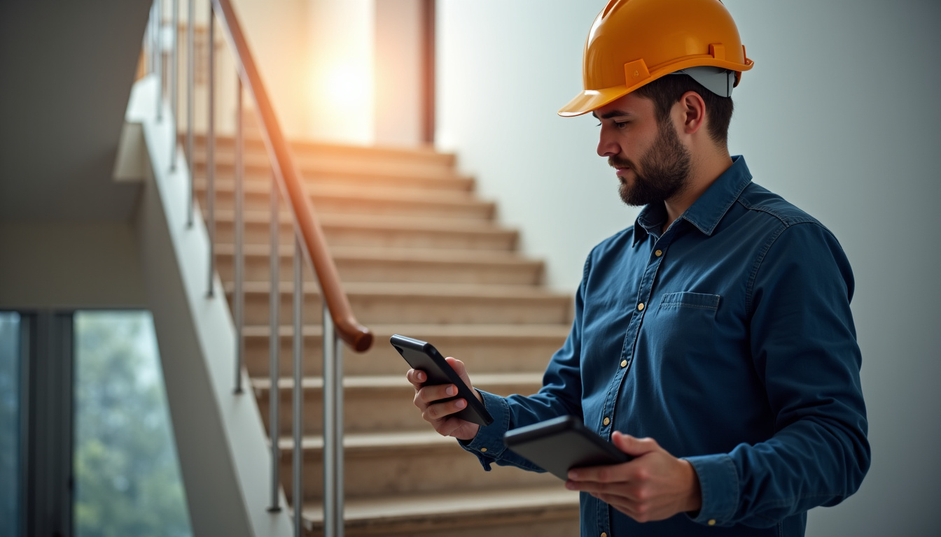 Technicien effectuant un contrôle annuel sur un monte-escalier intérieur à Beausemblant