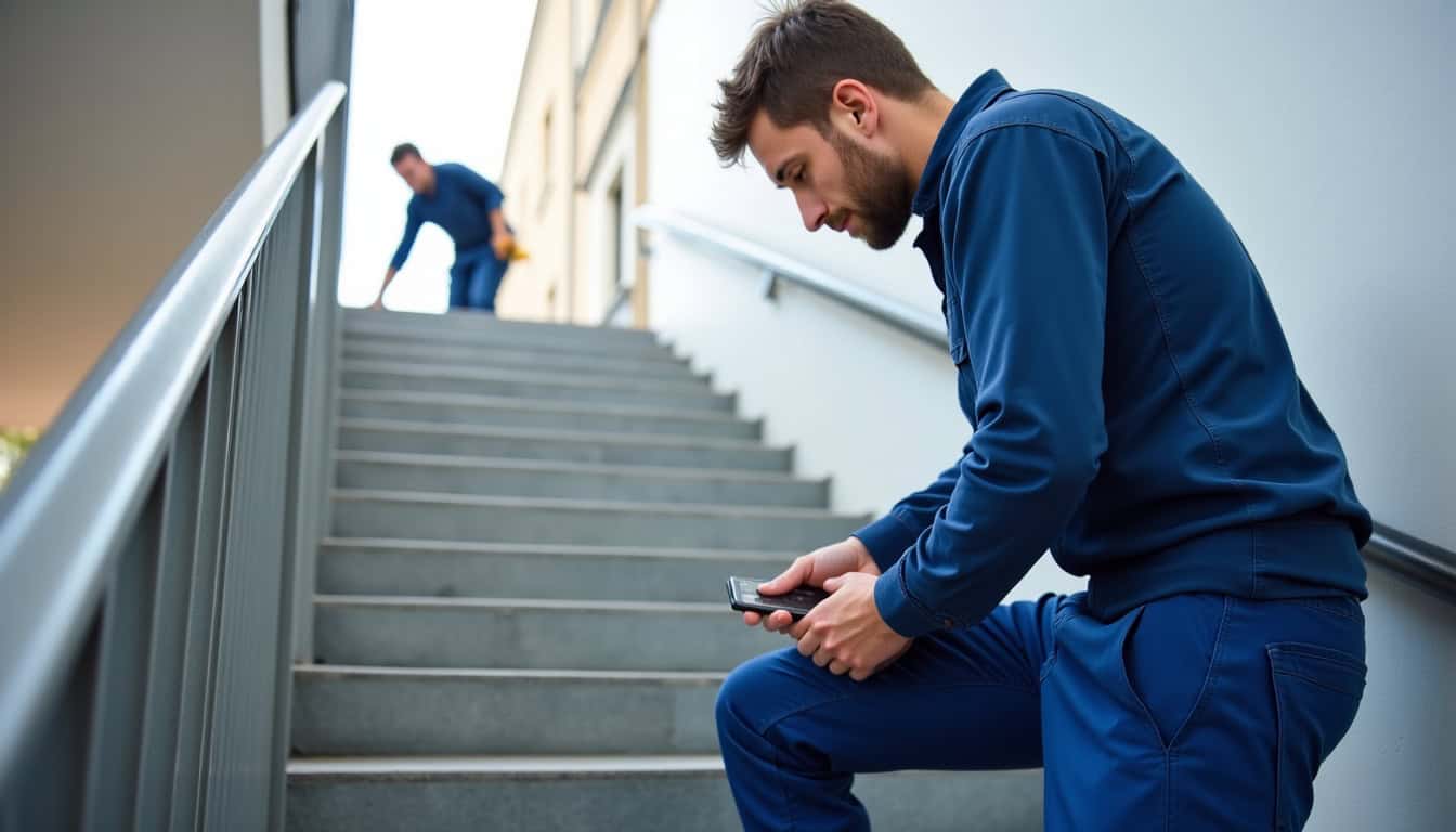 Technicien effectuant un entretien de monte-escalier à Saint-Amand-en-Puisaye