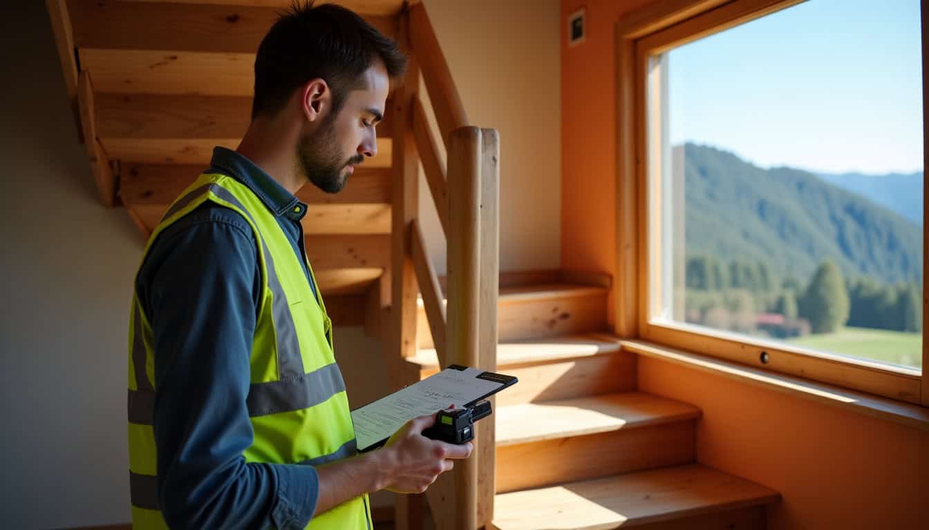 Technicien effectuant une étude technique pour un monte-escalier à Plainfaing