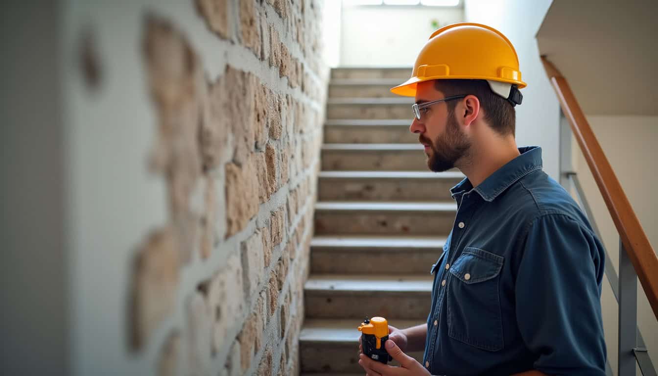 Technicien en tenue de travail inspectant un escalier en pierre à Salles-d