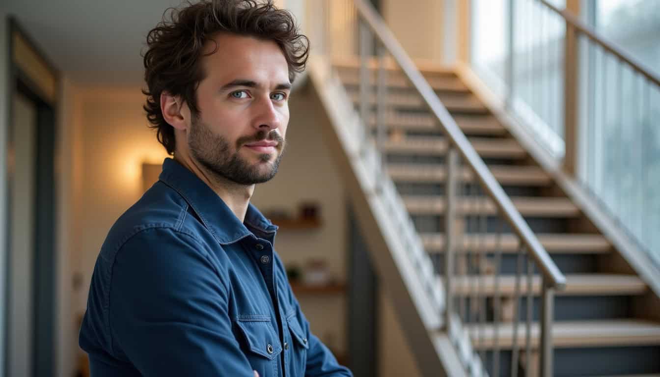 Technicien en train de mesurer un escalier à Chaingy pour un diagnostic de monte-escalier