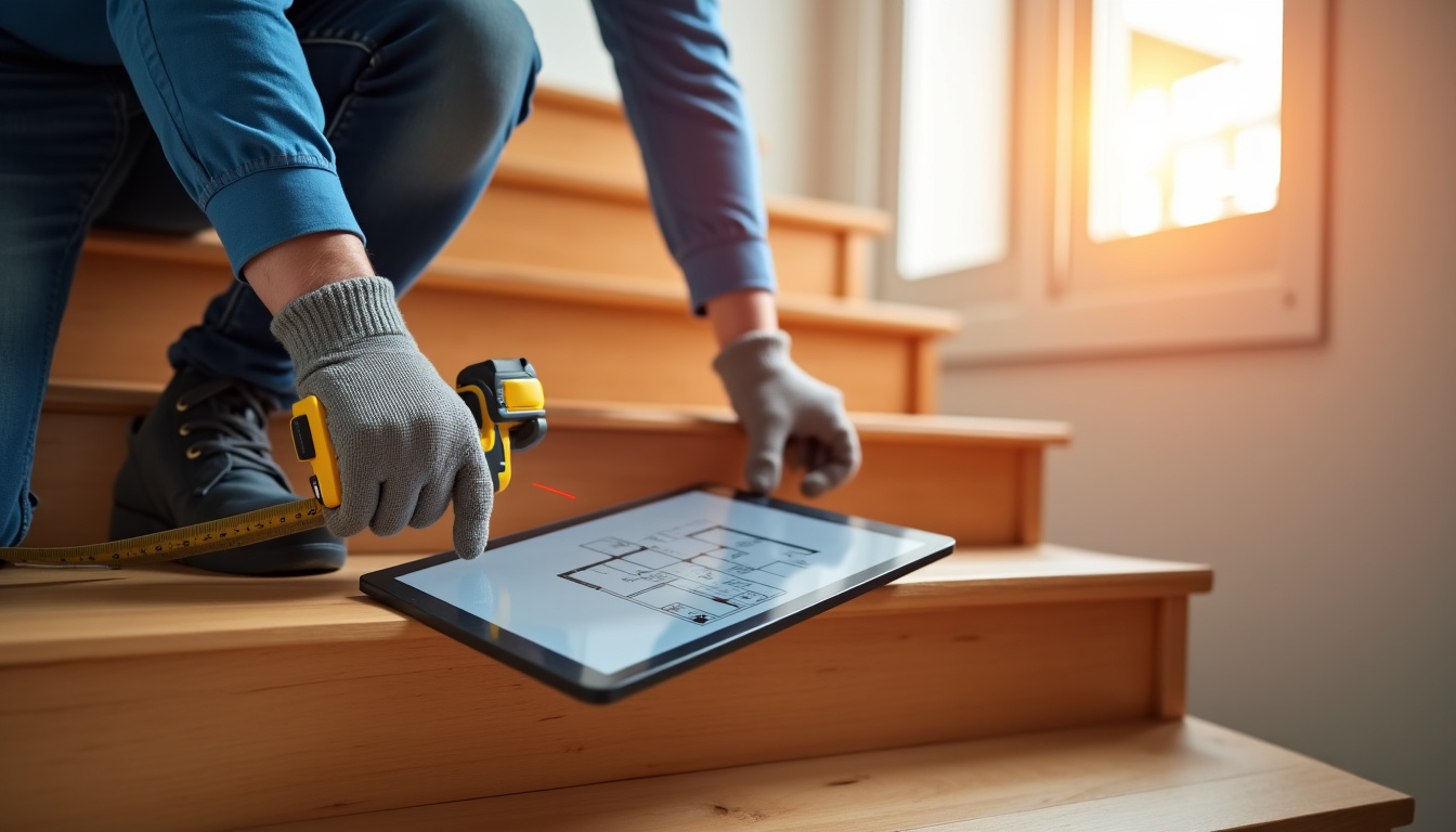 Technicien en train de mesurer un escalier à Pinon pour une étude de faisabilité de monte-escalier, avec un mètre-laser et un plan sur tablette