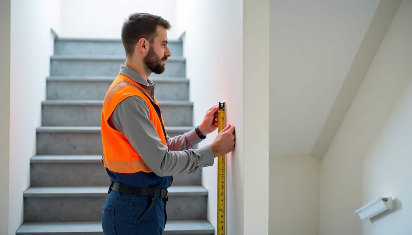 Technicien en train de mesurer un escalier à Saclas pour installation d’un monte-escalier