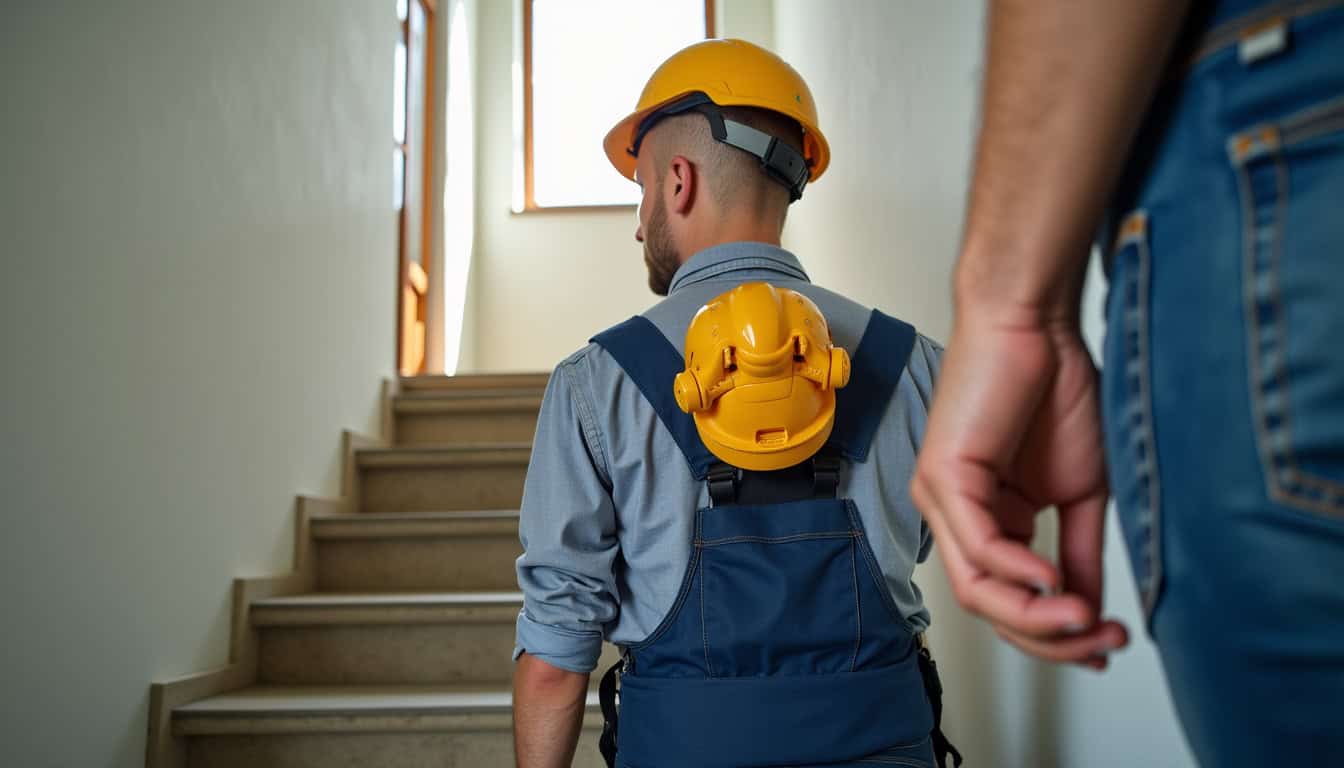 Technicien en train de mesurer un escalier à Sylvains-Lès-Moulins
