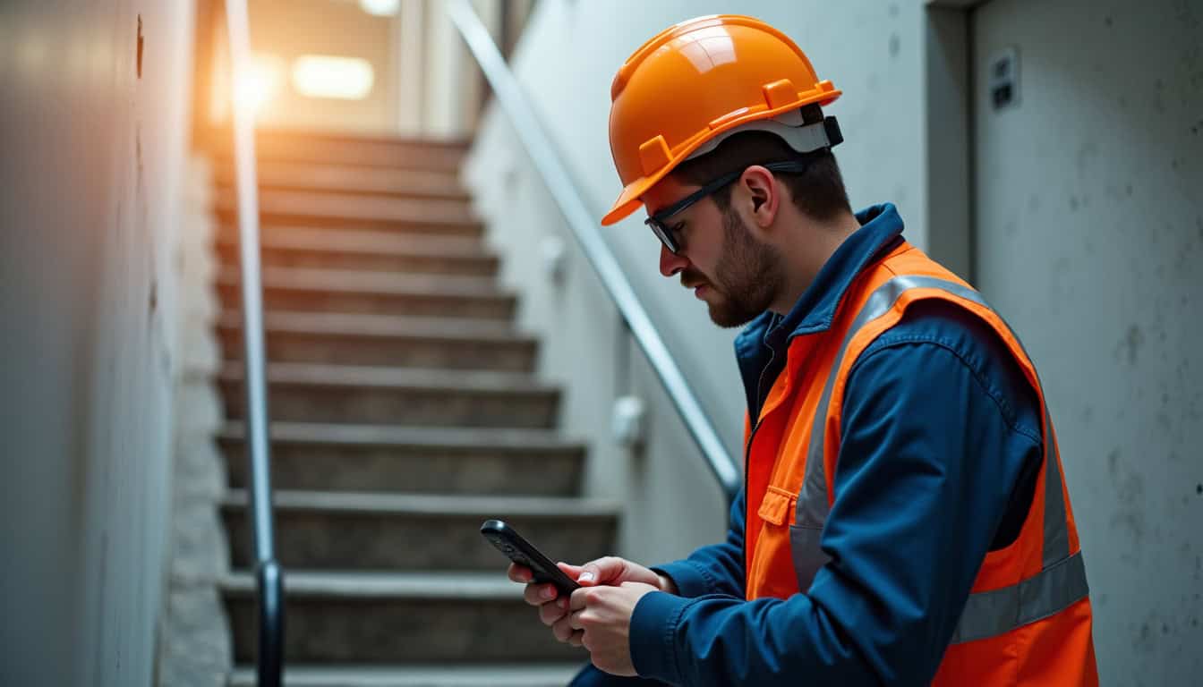 Technicien en train de mesurer un escalier à Thueyts pour une installation sur mesure