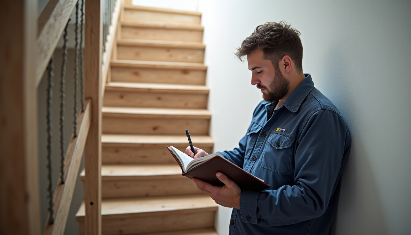 Technicien en train de mesurer un escalier en colimaçon dans une maison à Sergines avec un ruban laser et un carnet de notes