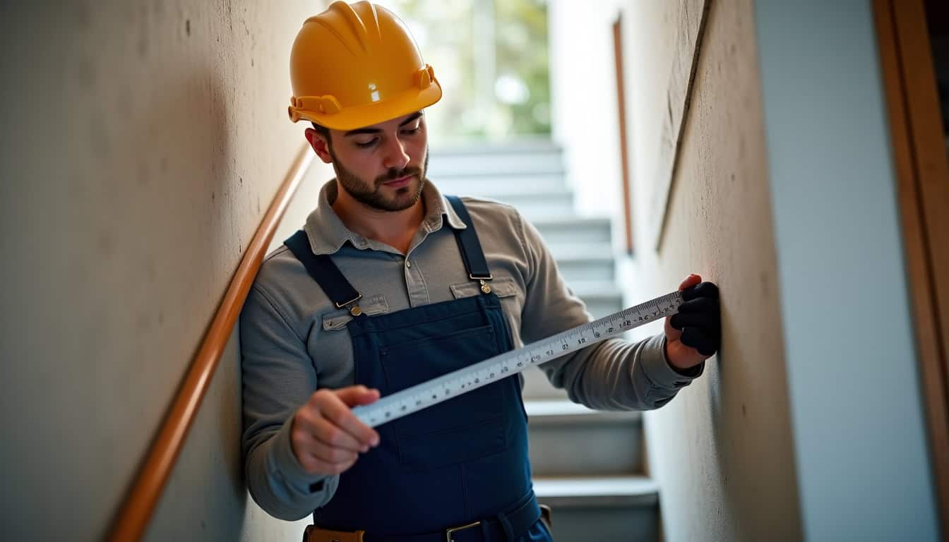 Technicien en train de mesurer un escalier lors d’une visite technique à Mazières-en-Mauges pour une installation de monte-escalier