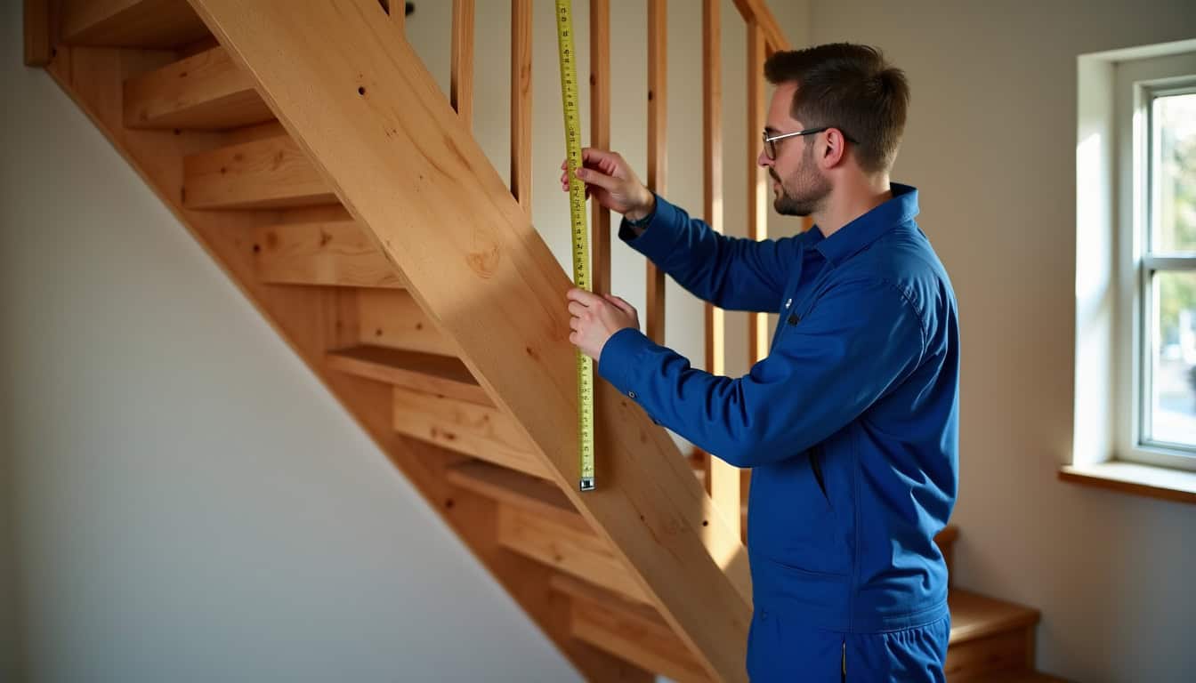 Technicien en train de mesurer un escalier pour un diagnostic préalable à l