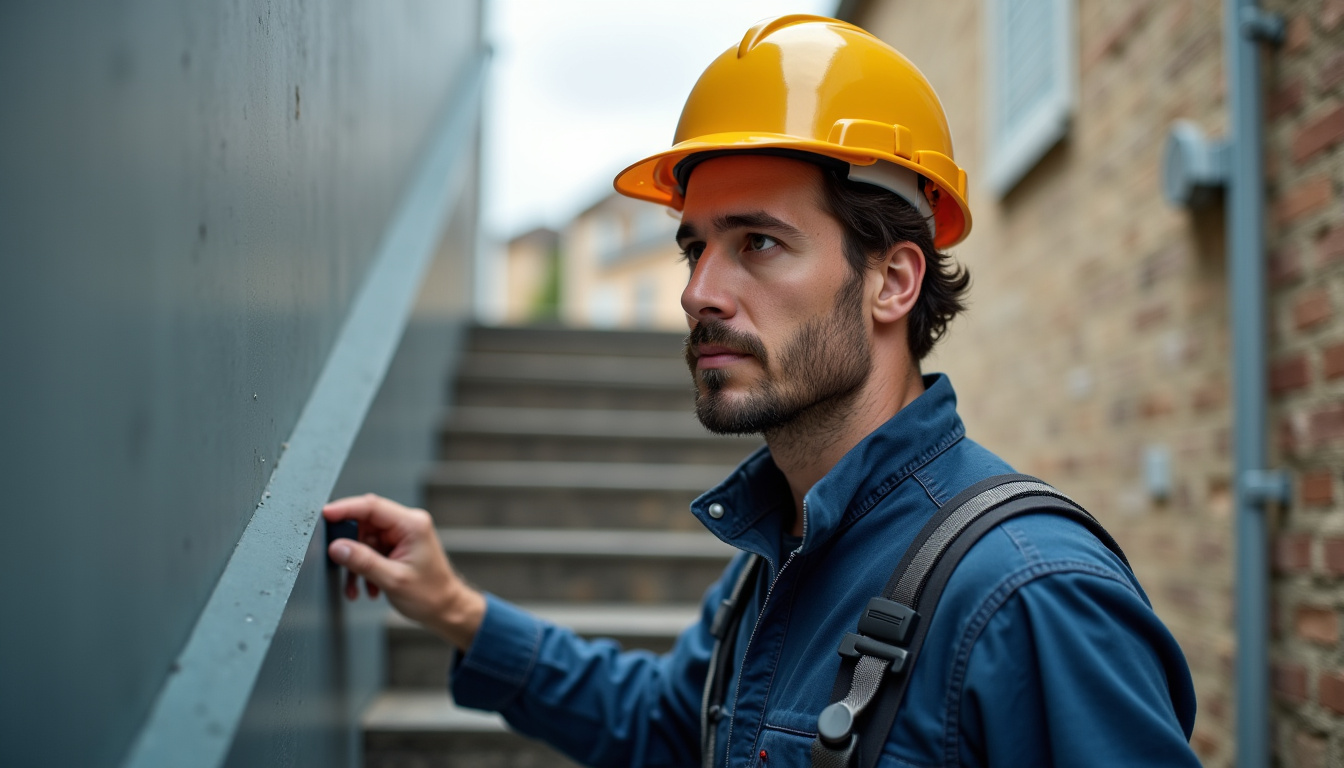 Technicien en train de mesurer un escalier pour une installation de monte-escalier à Les Hautes-Rivières