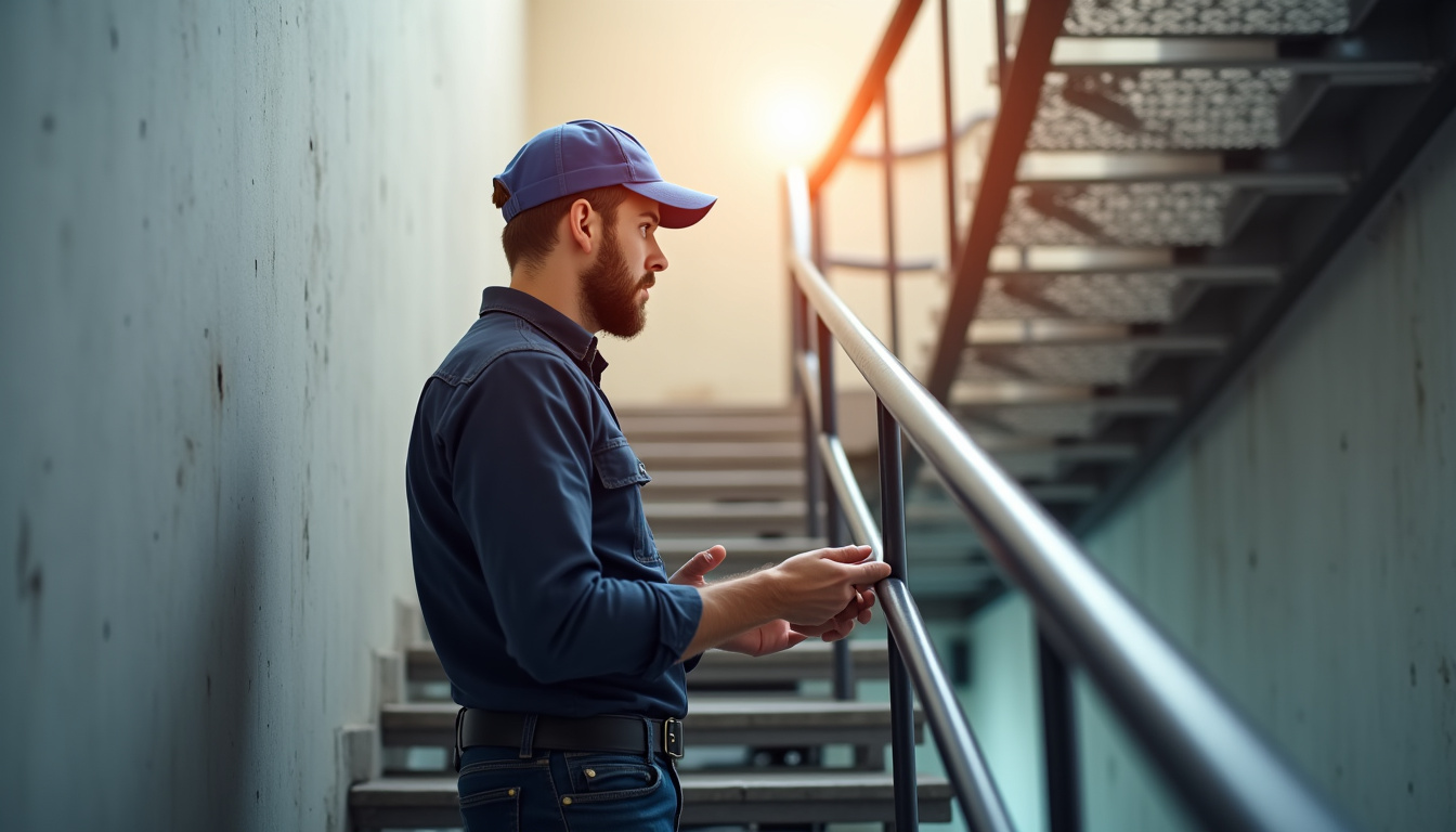 Technicien en train de mesurer un escalier pour une installation sur mesure à Jassans-Riottier