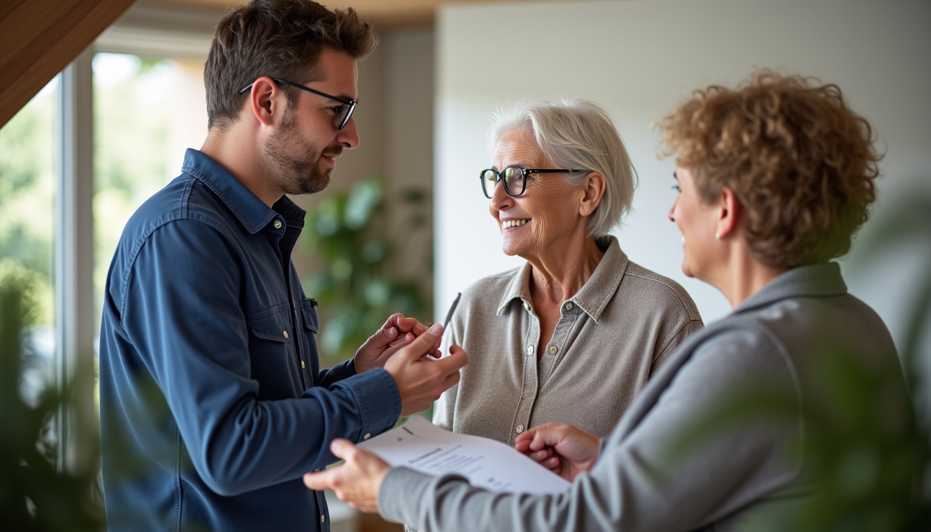 Technicien en train de présenter un devis détaillé à un couple âgé dans leur salon à Sorèze