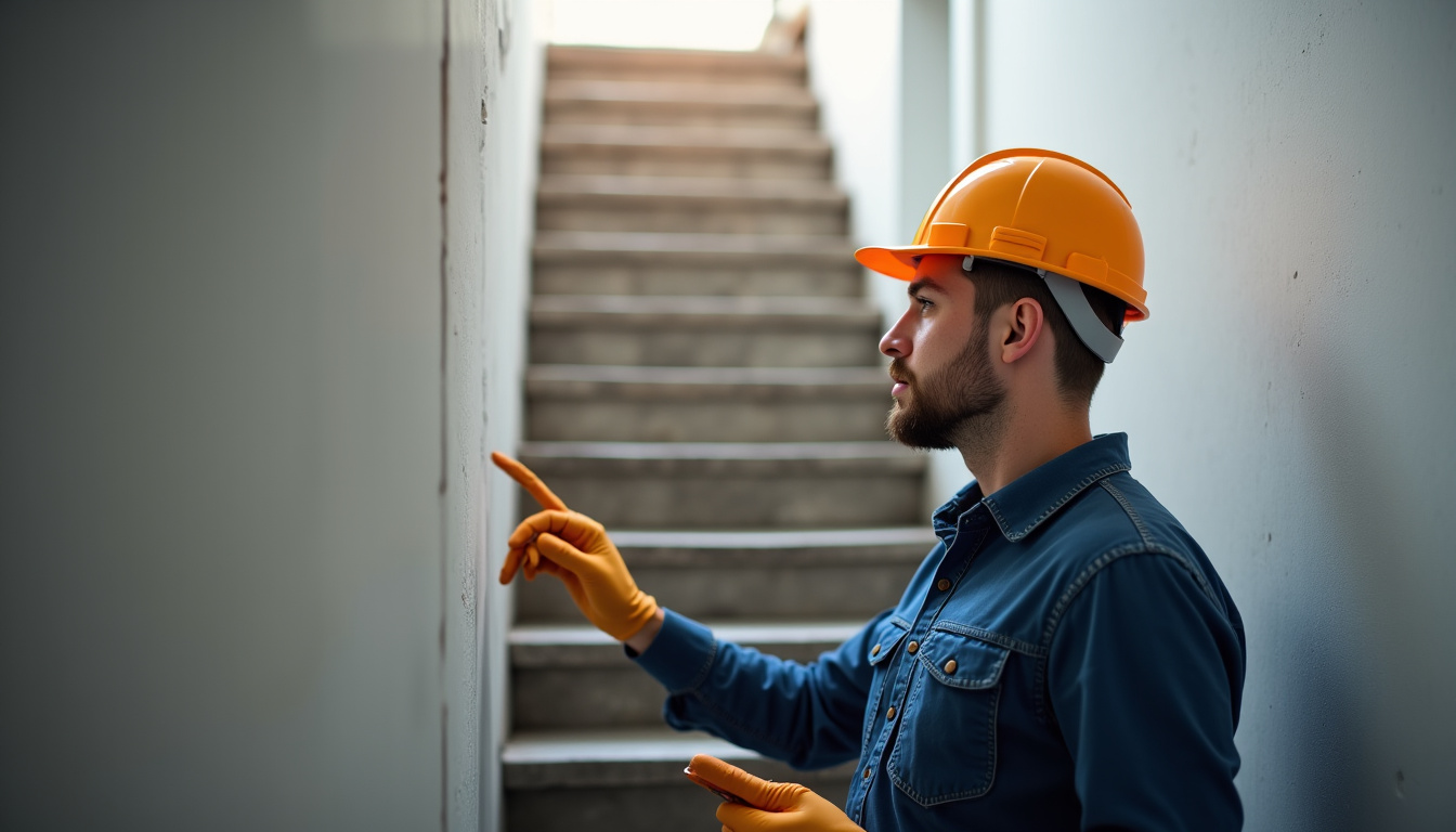 Technicien en train de réaliser un relevé technique pour un monte-escalier dans une maison à L
