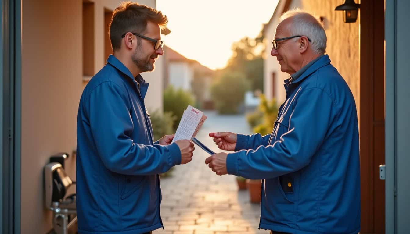 Technicien en train de remettre un devis pour un monte-escalier à Quiévy