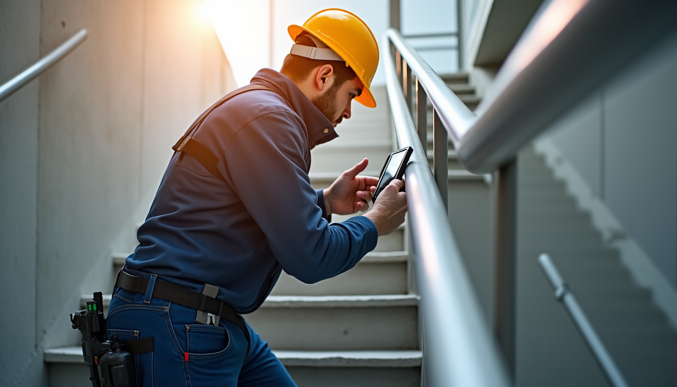 Technicien en train de tester un monte-escalier après installation à Pringy, vérifiant le bon fonctionnement du siège et du rail