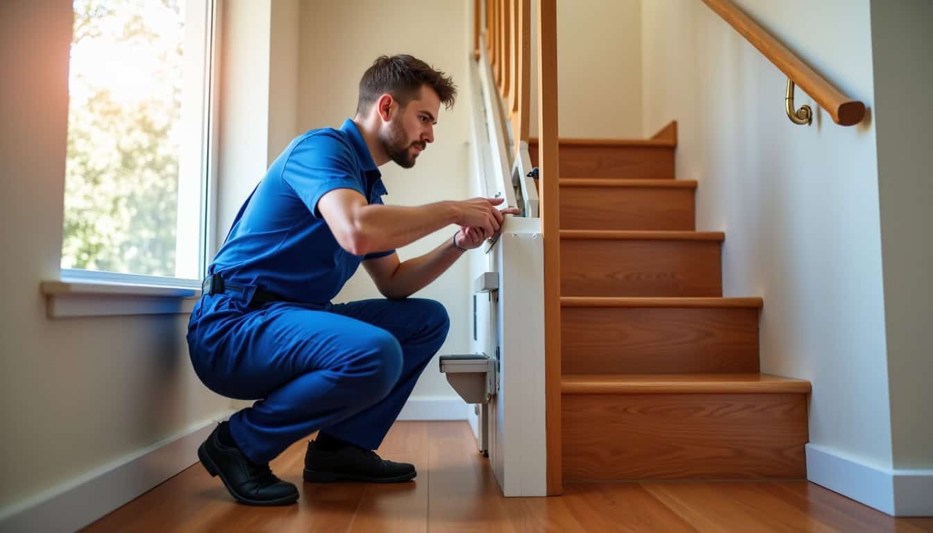 Technicien en train de vérifier le fonctionnement d’un monte-escalier après installation