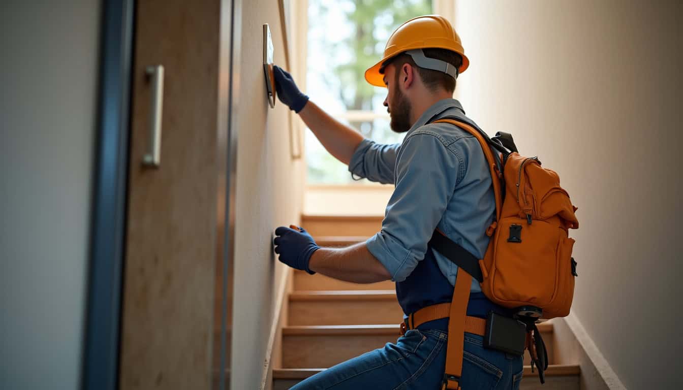 Technicien en train de vérifier le montage d’un monte-escalier dans une maison à Wavrans-sur-l’Aa
