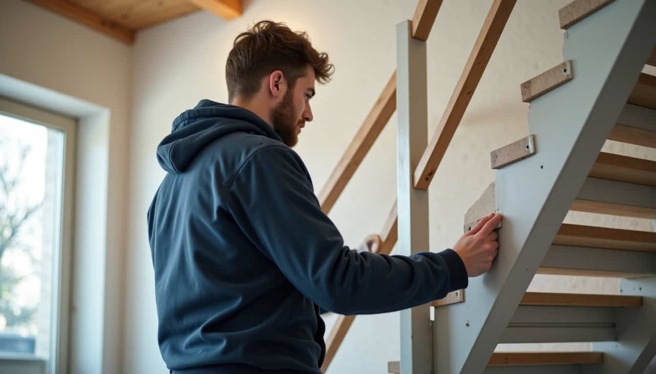 Technicien en train de vérifier les mesures d’un escalier avant installation d’un monte-escalier à Senillé-Saint-Sauveur