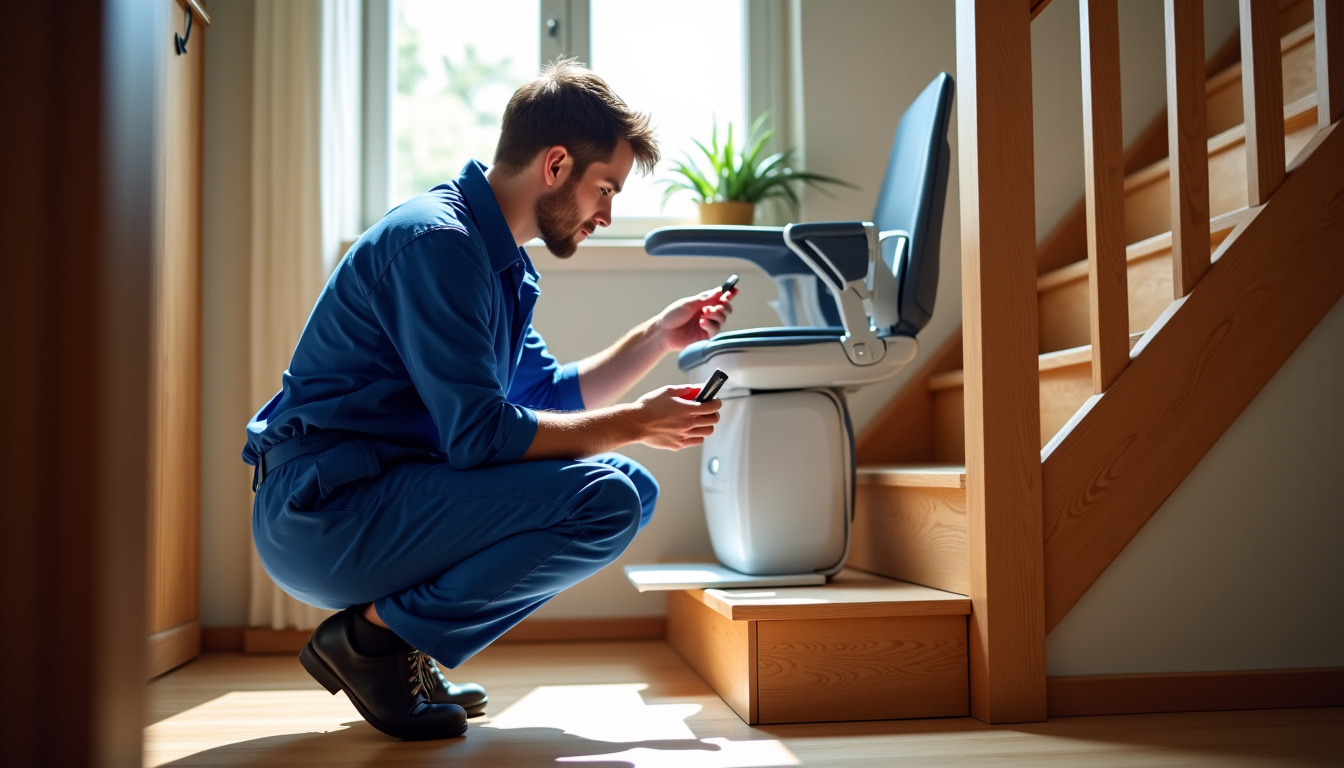 Technicien en train de vérifier un monte-escalier installé à Saint-Benin-d’Azy