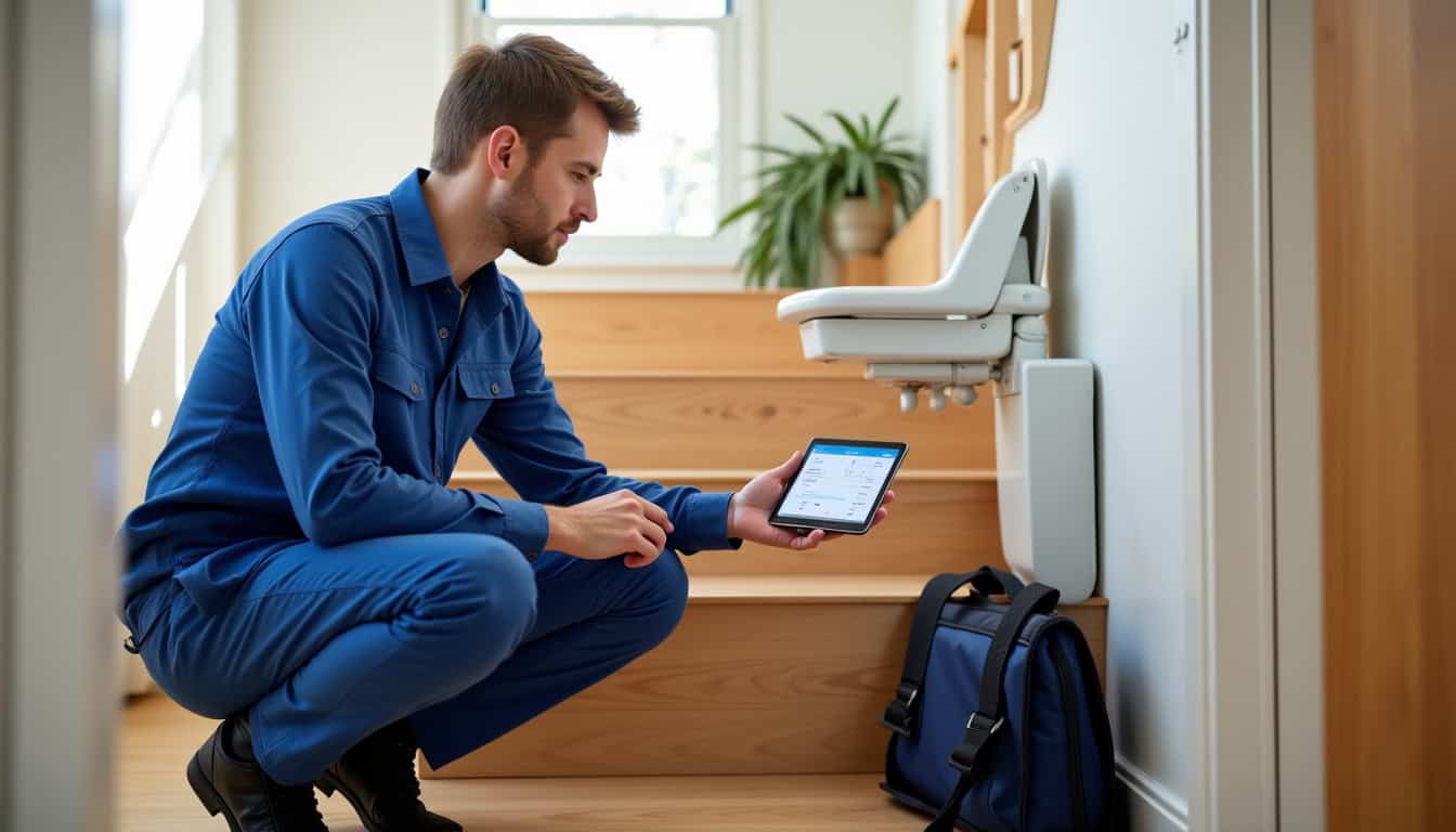 Technicien en train de vérifier un monte-escalier installé à Valenton