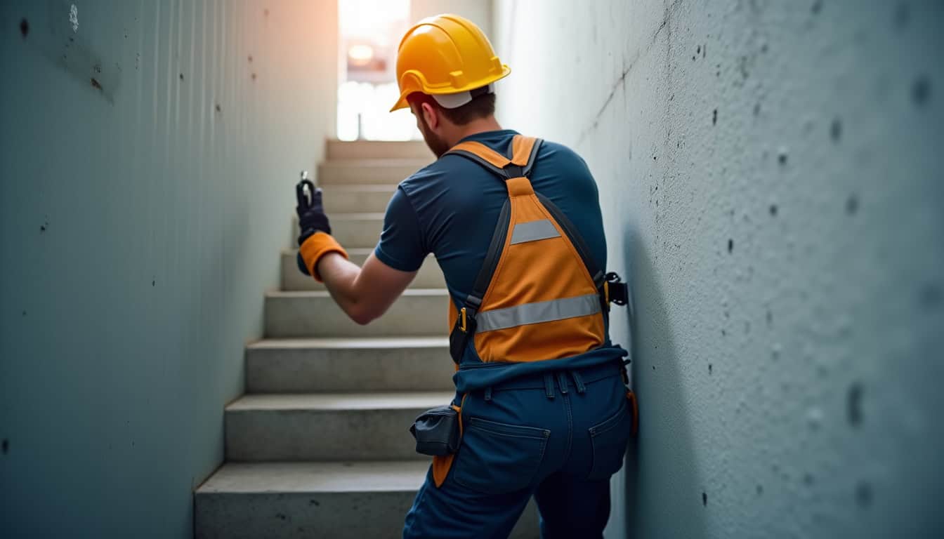 Technicien en train de vérifier un monte-escalier lors d’une visite de maintenance à Saint-Ouën-des-Toits