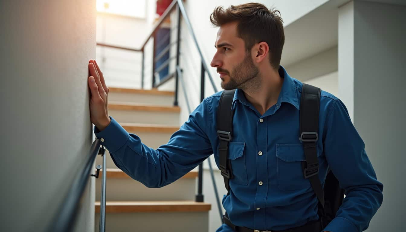 Technicien en train de vérifier un monte-escalier lors d’une visite de maintenance