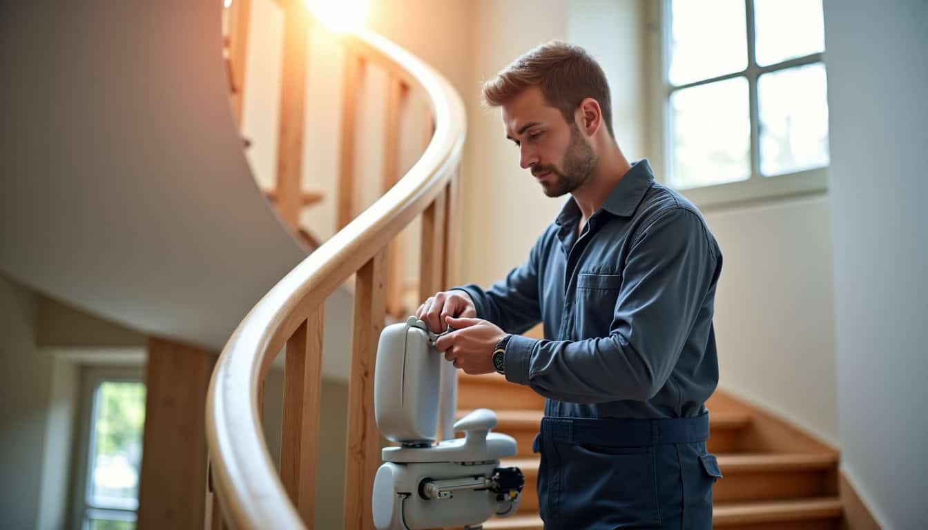 Technicien en train de vérifier un monte-escalier tournant à Pierrefeu-du-Var