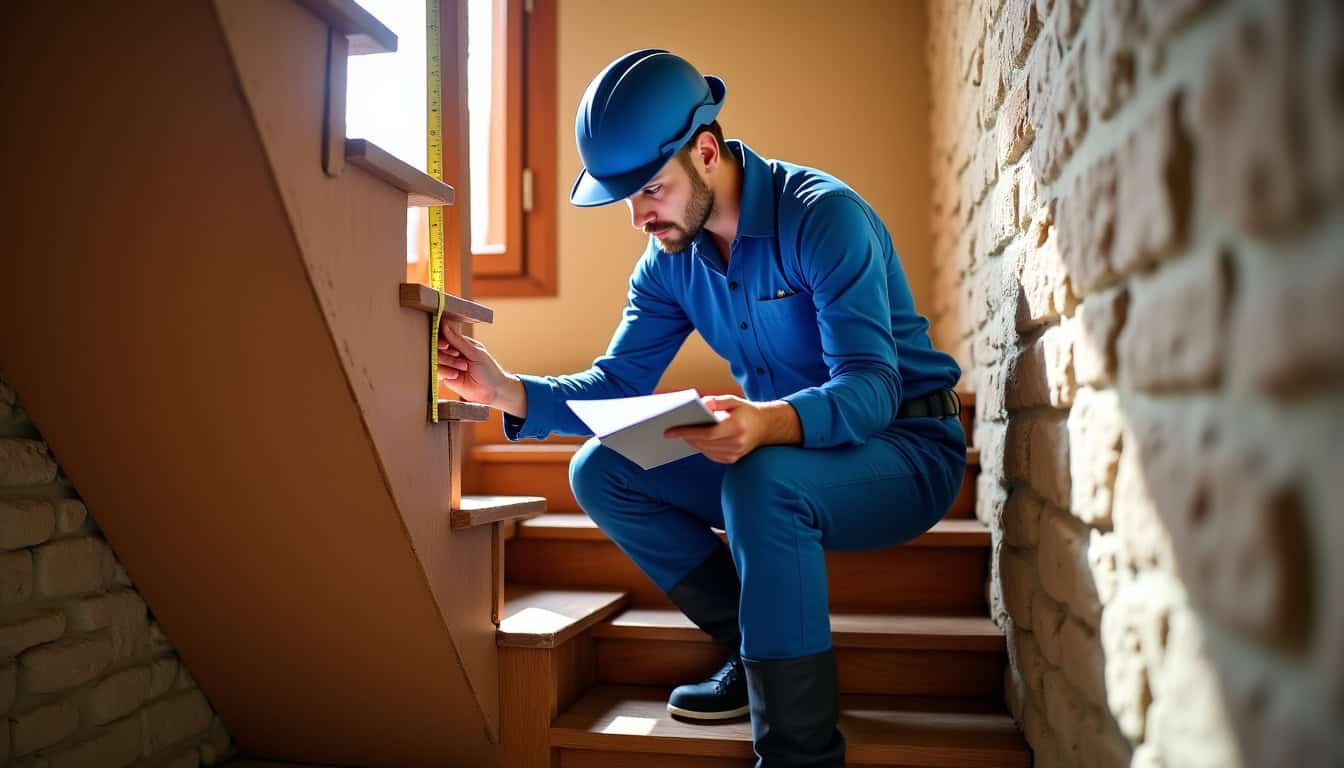 Technicien en train d’étudier un escalier pour l’installation d’un monte-escalier à Montredon-Labessonnié
