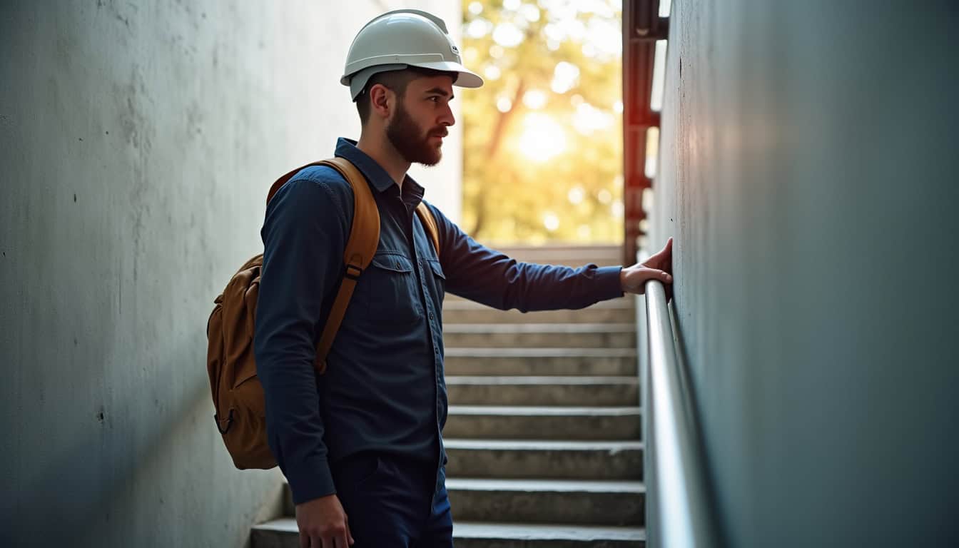 Technicien en train d’expliquer le fonctionnement d’un monte-escalier à un utilisateur à Saint-Cergues