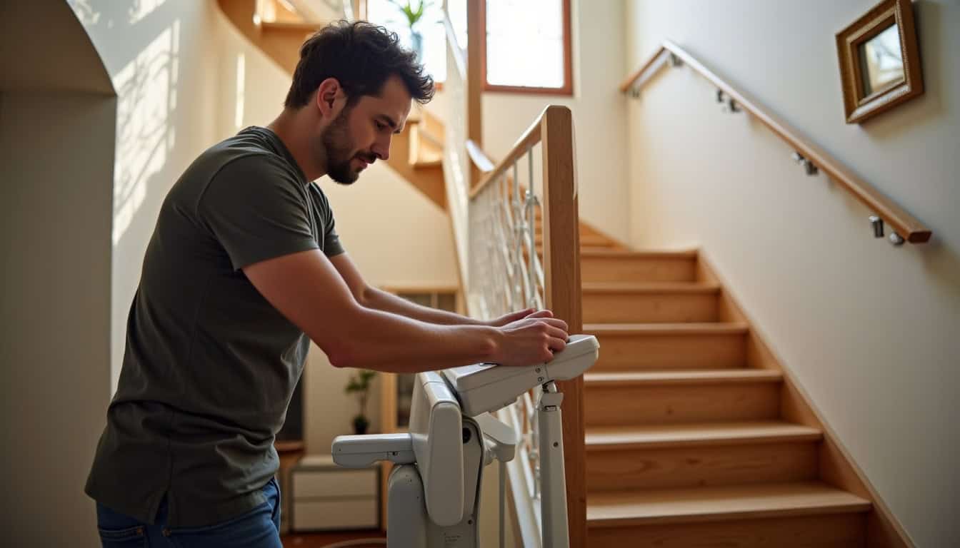 Technicien en train d’installer un monte-escalier dans une maison à Meyenheim, montrant le montage du rail et du fauteuil