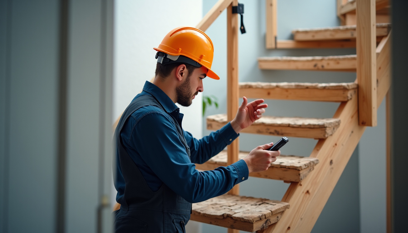 Technicien en train d’installer un monte-escalier dans une maison à Nogent-le-Roi