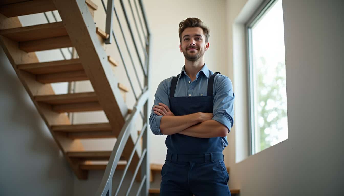 Technicien en train d’installer un monte-escalier dans une maison à Quincieux