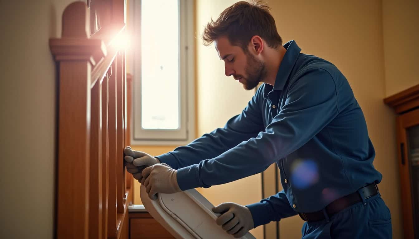 Technicien en train d’installer un monte escalier dans une maison de Condé-sur-Vire