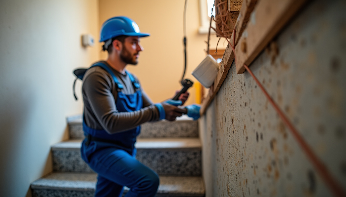 Technicien en train d’installer un monte-escalier dans une maison de Trélissac, avec outils et matériel sur place