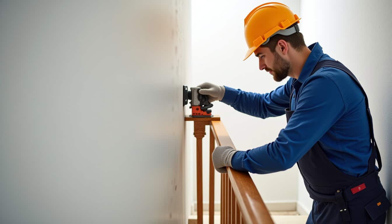 Technicien en train d’installer un monte-escalier dans une maison de Villey-Saint-Étienne, vissage du rail sur les marches