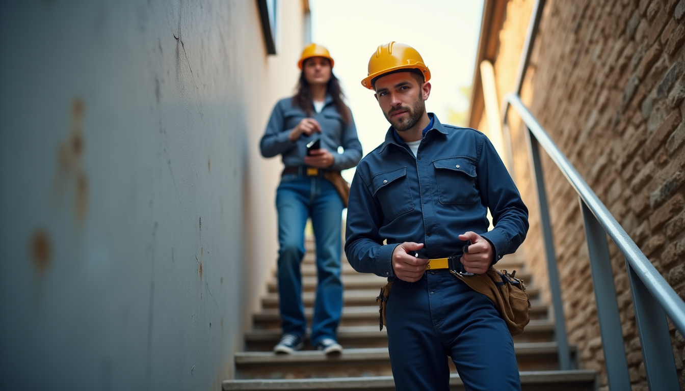 Technicien en train d’installer un monte-escalier sur un escalier tournant à Massiac