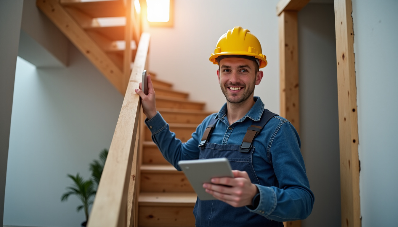 Technicien en train d’installer un monte escalier tournant dans une maison à Franconville