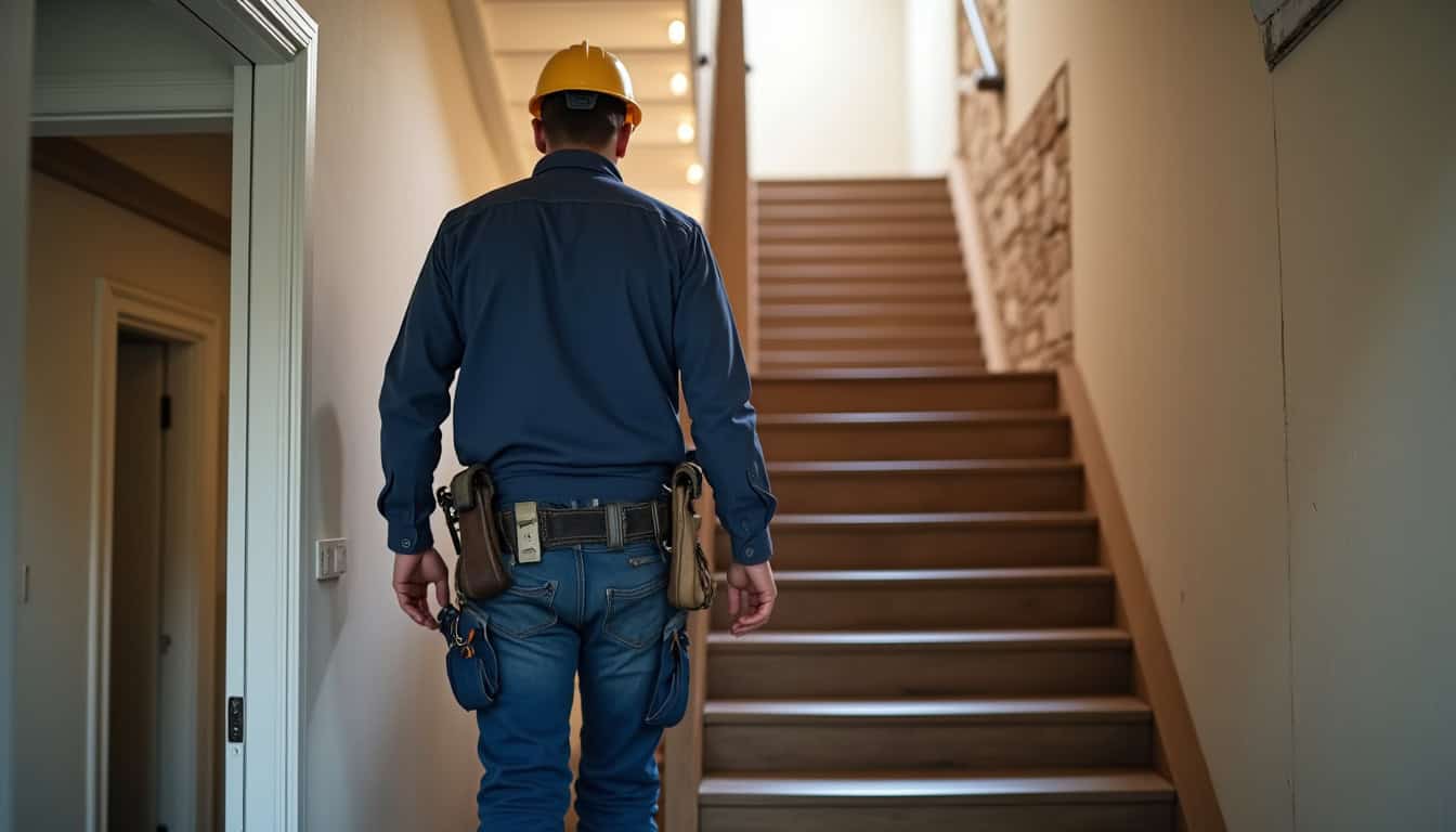 Technicien en train d’installer un monte-escalier tournant dans une maison ancienne à Pontgouin