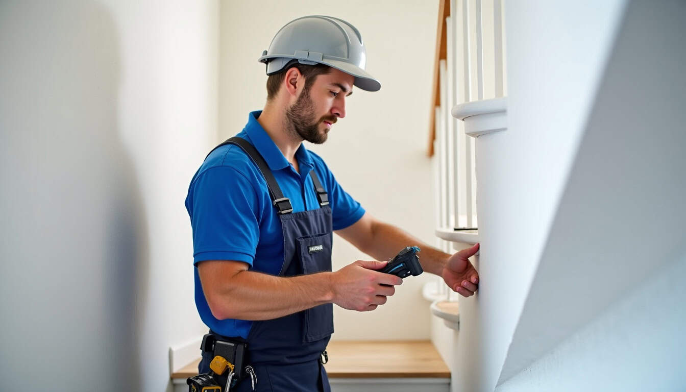 Technicien en train d’installer un monte-escalier tournant dans une maison de Goncelin, avec rail sur mesure