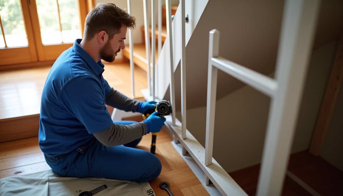 Technicien en train d’installer un monte-escalier tournant dans une maison de Mauron, avec outils et rail en cours de fixation