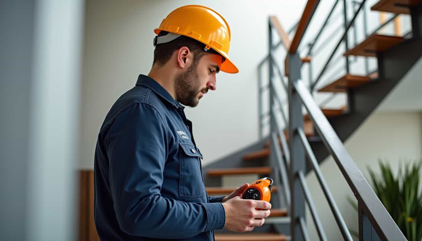 Technicien en train d’installer un rail de monte-escalier dans une maison à Ghisonaccia, avec outils et matériel sur place