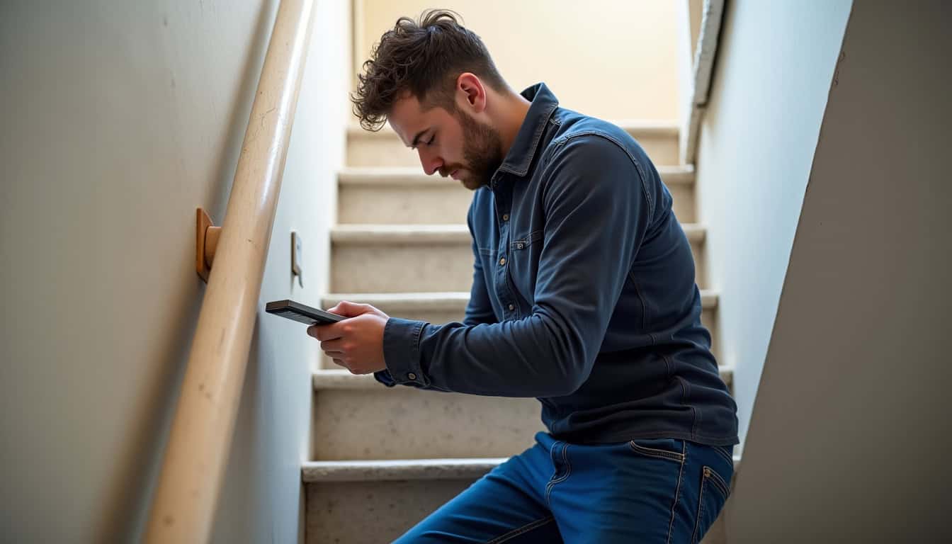 Technicien en train d’installer un rail de monte-escalier dans une maison de Les Vallées de la Vanne
