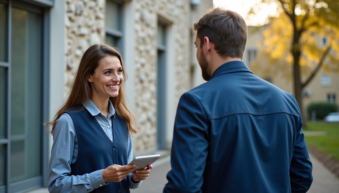 Technicien en uniforme discutant avec un client lors d’une visite technique à Massiac