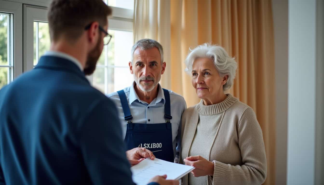 Technicien en uniforme présentant un devis détaillé à un couple âgé dans leur salon à Gorze