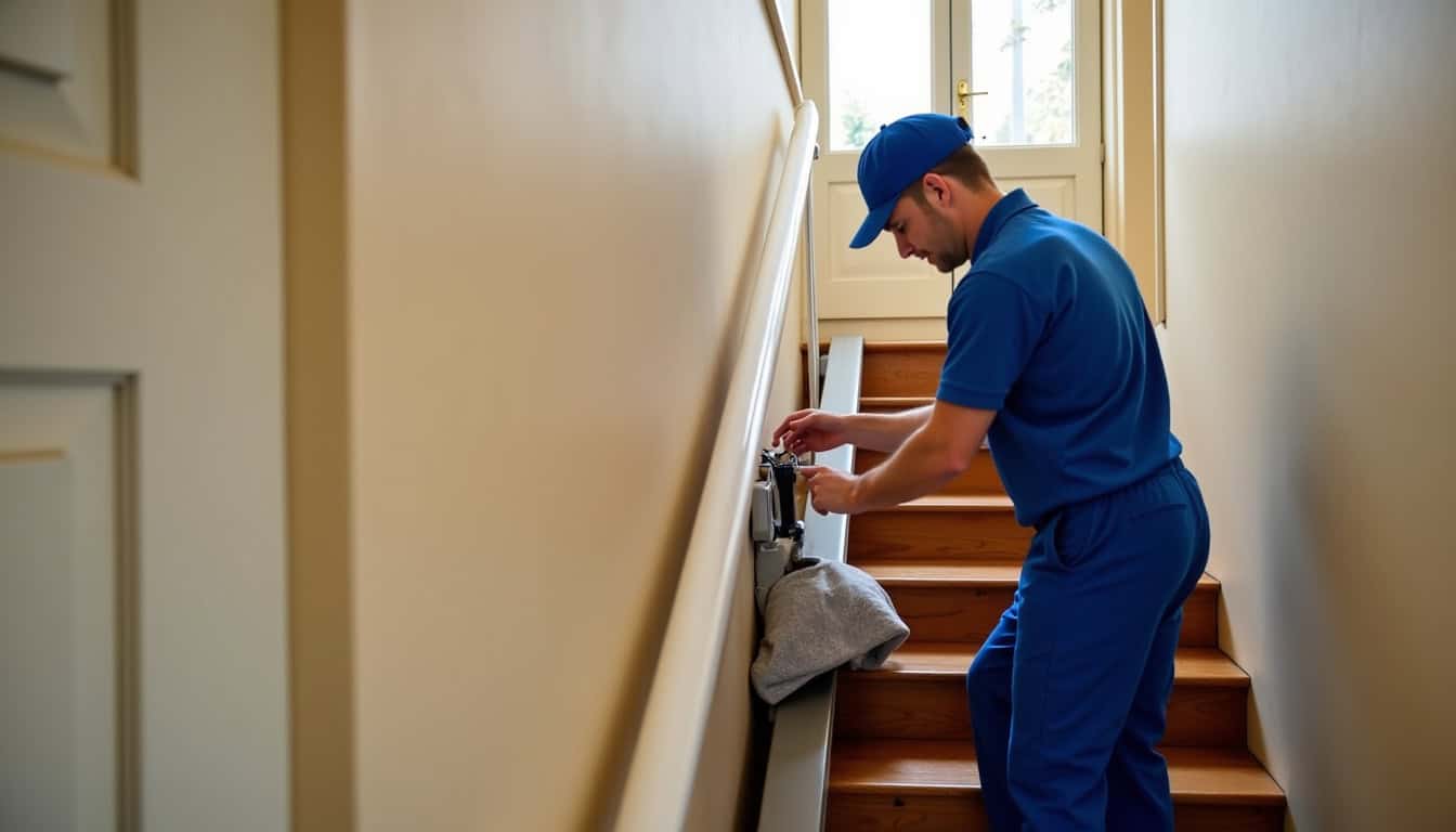 Technicien installant un monte-escalier droit dans une maison d