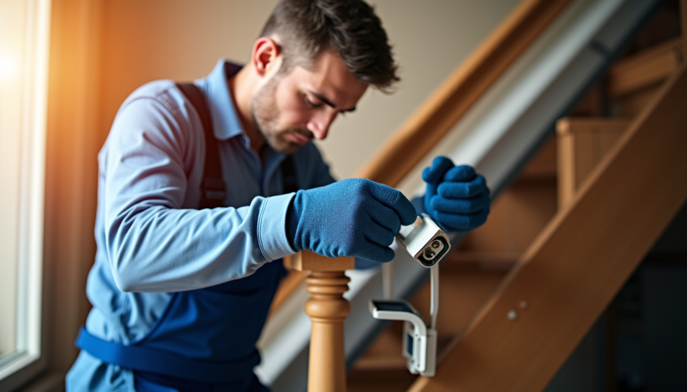 Technicien installateur en train de poser un monte-escalier dans une maison à Montluel