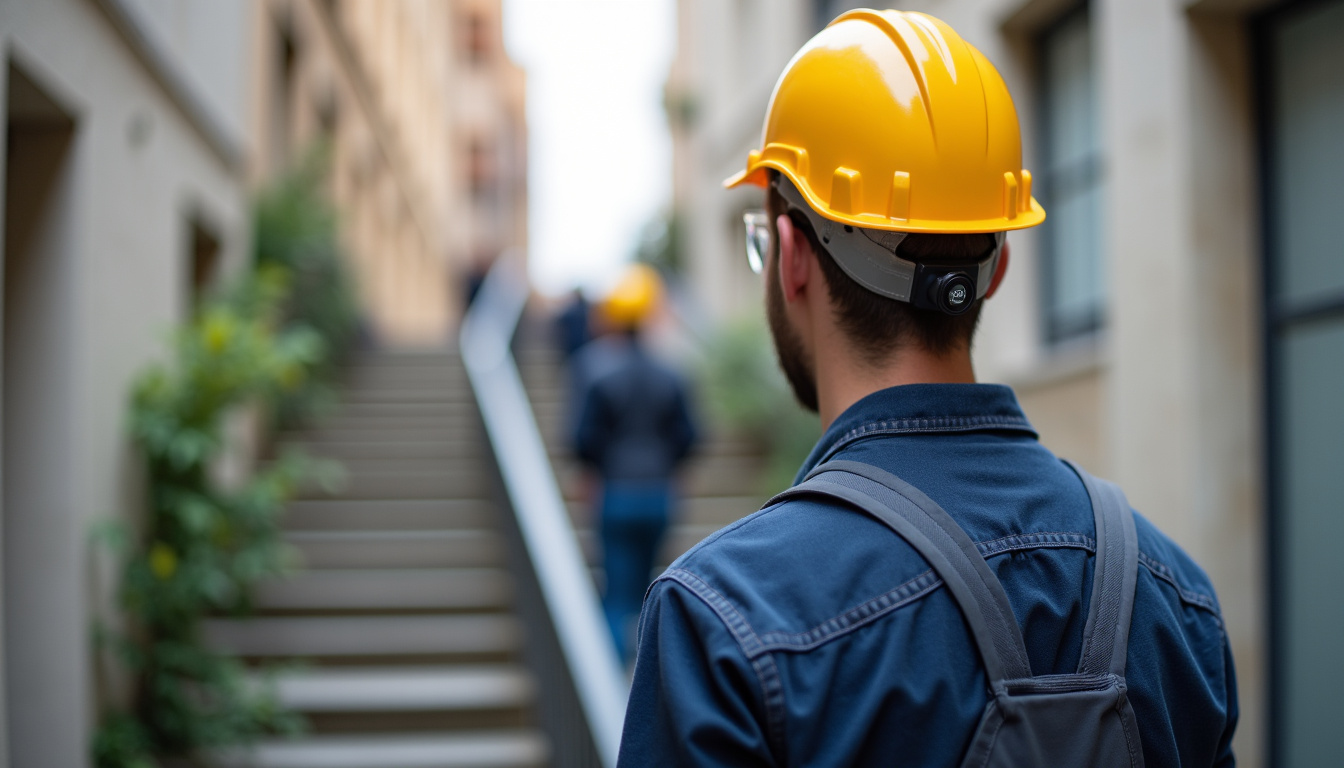 Technicien local en train de mesurer un escalier à Sartilly-Baie-Bocage pour un devis personnalisé