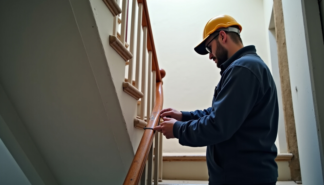 Technicien prenant des mesures sur un escalier à Villemolaque lors d